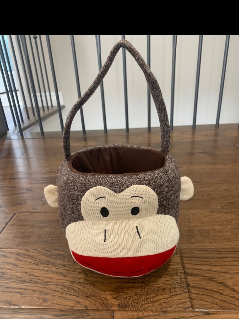 Kids Brown Monkey Face Plush Basket with Handle